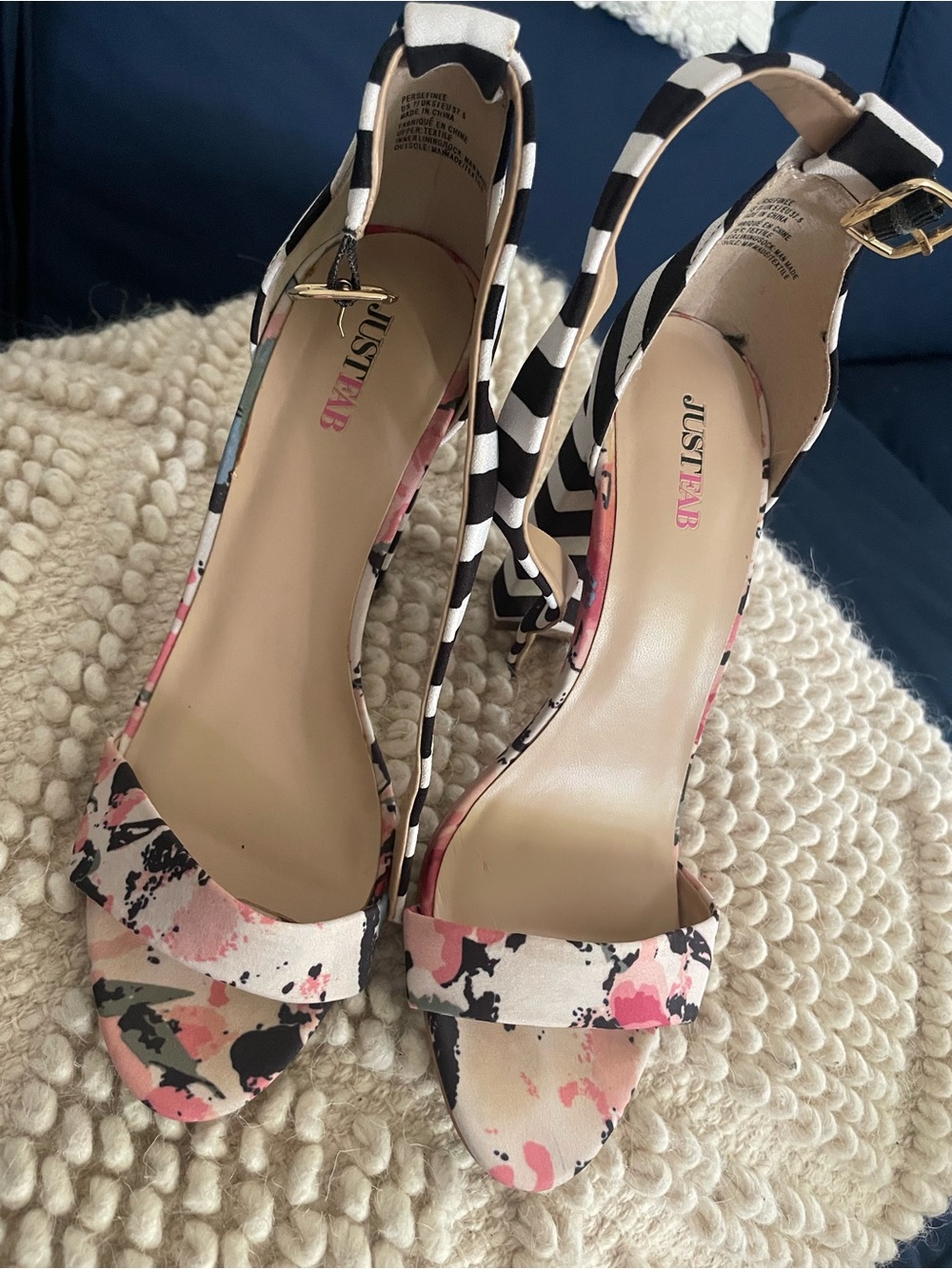 JustFab Pink Floral & Black Striped Slingback Heels